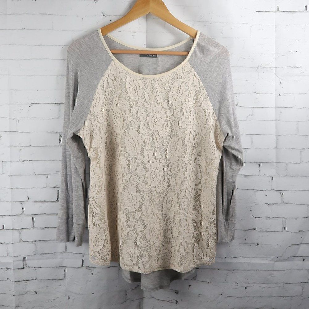 MARKET & SPRUCE GREY LONG SLEEVE ROUND NECK TUNIC SHIRT IVORY LACE DETAIL